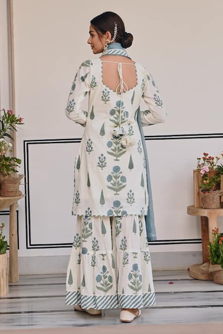 Shop Karaj Jaipur Blue Cotton, Kota Doria Straight Floral Bud Print Kurta Sharara Set at Aza Fashions Shop_Karaj Jaipur_Blue Cotton, Kota Doria Straight Floral Bud Print Kurta Sharara Set _at_Aza_Fashions