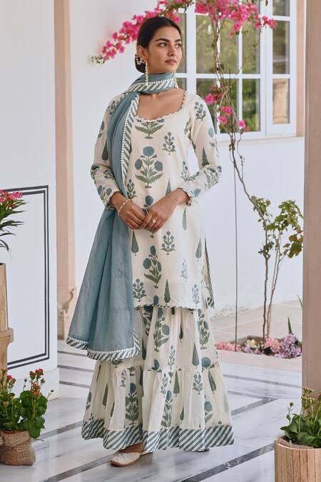 Karaj Jaipur Blue Cotton, Kota Doria Straight Floral Bud Print Kurta Sharara Set Online at Aza Fashions Karaj Jaipur_Blue Cotton, Kota Doria Straight Floral Bud Print Kurta Sharara Set _Online_at_Aza_Fashions