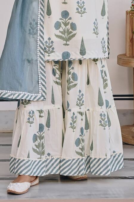 Buy Karaj Jaipur Blue Cotton, Kota Doria Straight Floral Bud Print Kurta Sharara Set Online at Aza Fashions Buy_Karaj Jaipur_Blue Cotton, Kota Doria Straight Floral Bud Print Kurta Sharara Set _Online_at_Aza_Fashions