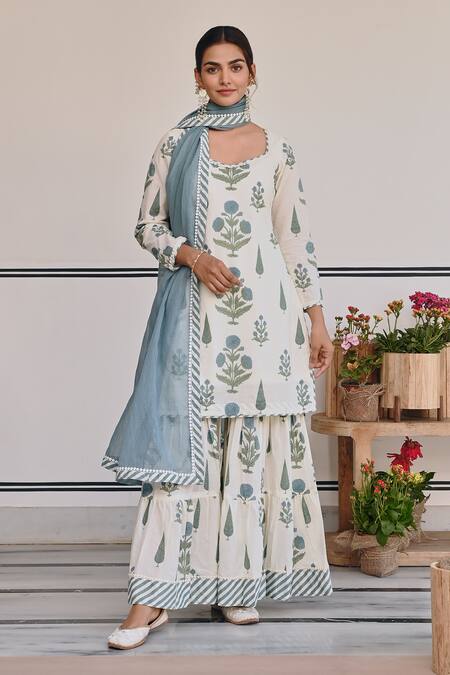 Shop Karaj Jaipur Blue Cotton, Kota Doria Straight Floral Bud Print Kurta Sharara Set Online at Aza Fashions Shop_Karaj Jaipur_Blue Cotton, Kota Doria Straight Floral Bud Print Kurta Sharara Set _Online_at_Aza_Fashions
