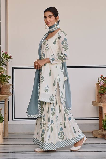 Karaj Jaipur Blue Cotton, Kota Doria Straight Floral Bud Print Kurta Sharara Set at Aza Fashions Karaj Jaipur_Blue Cotton, Kota Doria Straight Floral Bud Print Kurta Sharara Set _at_Aza_Fashions
