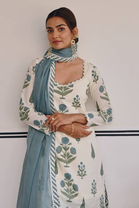 Buy Karaj Jaipur Blue Cotton, Kota Doria Straight Floral Bud Print Kurta Sharara Set Buy_Karaj Jaipur_Blue Cotton, Kota Doria Straight Floral Bud Print Kurta Sharara Set