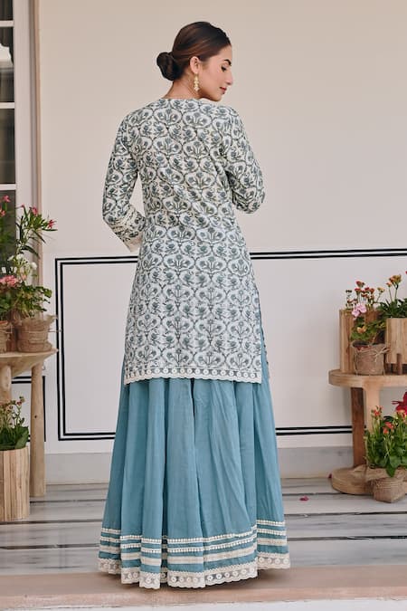 Karaj Jaipur Floral Jaal Print Kurta Lehenga Set 