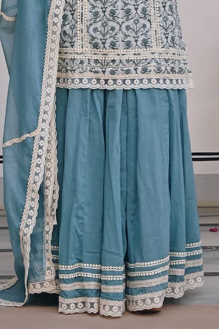 Karaj Jaipur Blue Cotton, Kota Doria, Muslin Lace, Floral Jaal Print Kurta Lehenga Set Online at Aza Fashions Karaj Jaipur_Blue Cotton, Kota Doria, Muslin Lace, Floral Jaal Print Kurta Lehenga Set _Online_at_Aza_Fashions