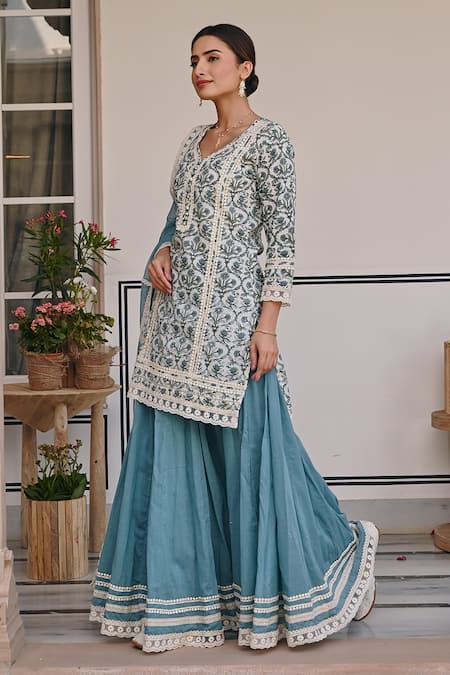 Shop Karaj Jaipur Blue Cotton, Kota Doria, Muslin Lace, Floral Jaal Print Kurta Lehenga Set Online at Aza Fashions Shop_Karaj Jaipur_Blue Cotton, Kota Doria, Muslin Lace, Floral Jaal Print Kurta Lehenga Set _Online_at_Aza_Fashions