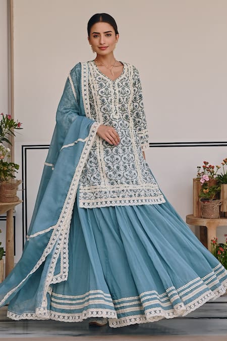 Karaj Jaipur Blue Cotton, Kota Doria, Muslin Lace, Floral Jaal Print Kurta Lehenga Set at Aza Fashions Karaj Jaipur_Blue Cotton, Kota Doria, Muslin Lace, Floral Jaal Print Kurta Lehenga Set _at_Aza_Fashions