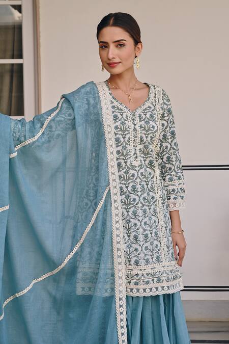 Buy Karaj Jaipur Blue Cotton, Kota Doria, Muslin Lace, Floral Jaal Print Kurta Lehenga Set Buy_Karaj Jaipur_Blue Cotton, Kota Doria, Muslin Lace, Floral Jaal Print Kurta Lehenga Set