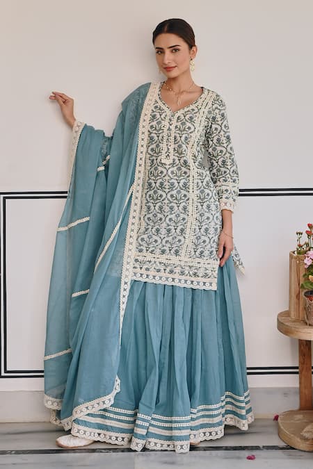 Shop Karaj Jaipur Blue Cotton, Kota Doria, Muslin Lace, Floral Jaal Print Kurta Lehenga Set Shop_Karaj Jaipur_Blue Cotton, Kota Doria, Muslin Lace, Floral Jaal Print Kurta Lehenga Set