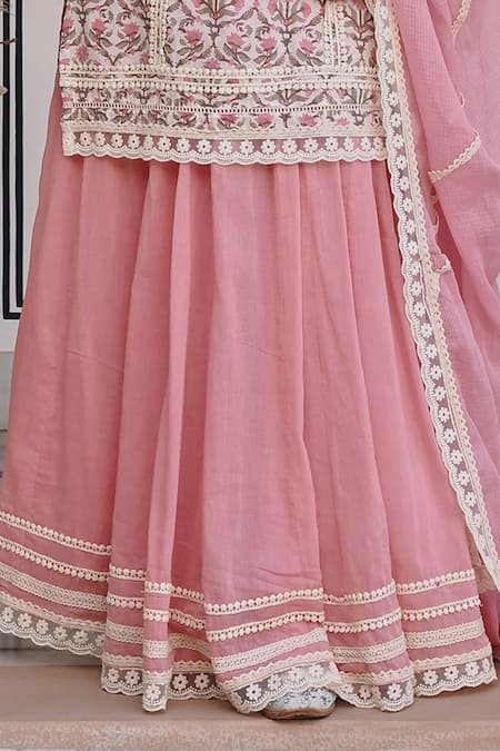 Buy Karaj Jaipur Pink Cotton, Kota Doria, Muslin Lace, Flower Jaal Print Kurta Lehenga Set Online at Aza Fashions Buy_Karaj Jaipur_Pink Cotton, Kota Doria, Muslin Lace, Flower Jaal Print Kurta Lehenga Set _Online_at_Aza_Fashions