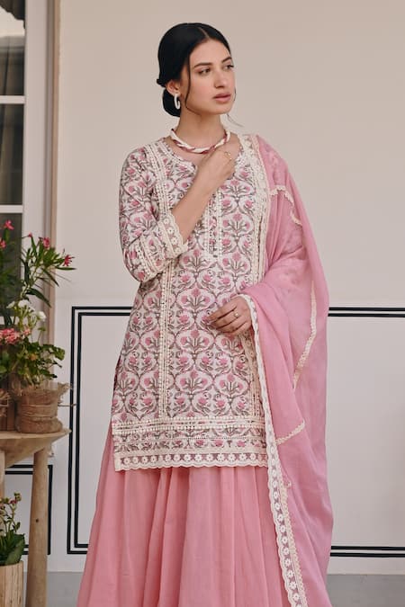 Shop Karaj Jaipur Pink Cotton, Kota Doria, Muslin Lace, Flower Jaal Print Kurta Lehenga Set Online at Aza Fashions Shop_Karaj Jaipur_Pink Cotton, Kota Doria, Muslin Lace, Flower Jaal Print Kurta Lehenga Set _Online_at_Aza_Fashions