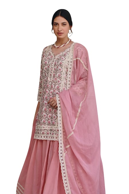 Karaj Jaipur Pink Cotton, Kota Doria, Muslin Lace, Flower Jaal Print Kurta Lehenga Set at Aza Fashions Karaj Jaipur_Pink Cotton, Kota Doria, Muslin Lace, Flower Jaal Print Kurta Lehenga Set _at_Aza_Fashions
