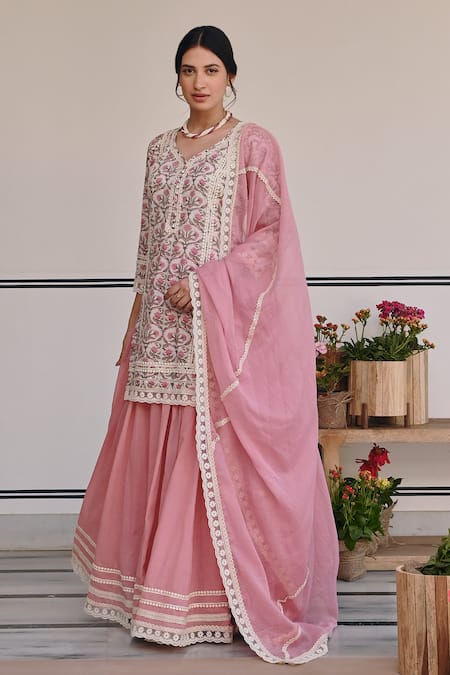 Buy Karaj Jaipur Pink Cotton, Kota Doria, Muslin Lace, Flower Jaal Print Kurta Lehenga Set Buy_Karaj Jaipur_Pink Cotton, Kota Doria, Muslin Lace, Flower Jaal Print Kurta Lehenga Set