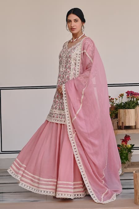 Shop Karaj Jaipur Pink Cotton, Kota Doria, Muslin Lace, Flower Jaal Print Kurta Lehenga Set Shop_Karaj Jaipur_Pink Cotton, Kota Doria, Muslin Lace, Flower Jaal Print Kurta Lehenga Set