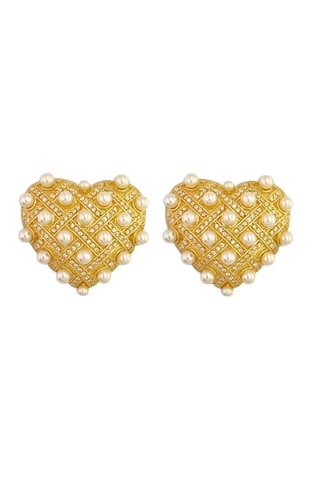 Radhika Agrawal Jewels Gold Plated Swarovski Pearl Interwoven Heart Studs 