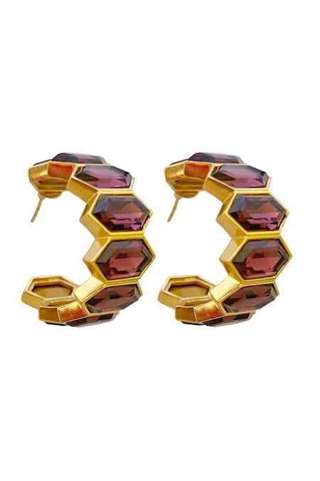 Radhika Agrawal Jewels Gold Plated Swarovski Crystal Honeycomb Gem Hoops 