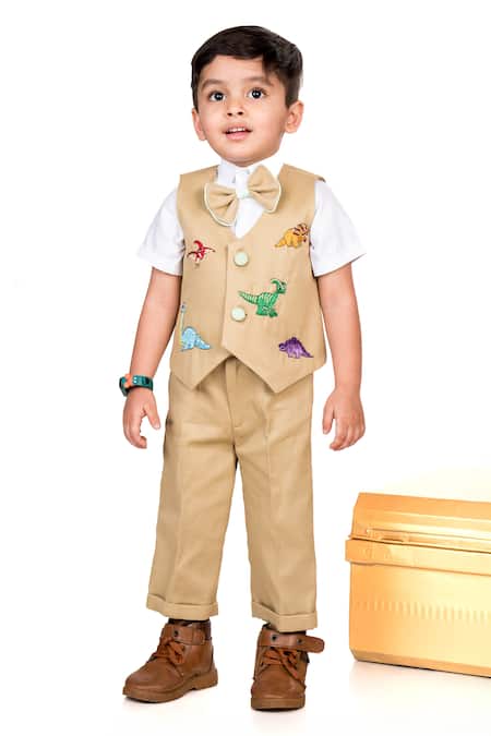 Toplove Beige Cotton Twill Embroidery Dino Mite Waistcoat Pant Set