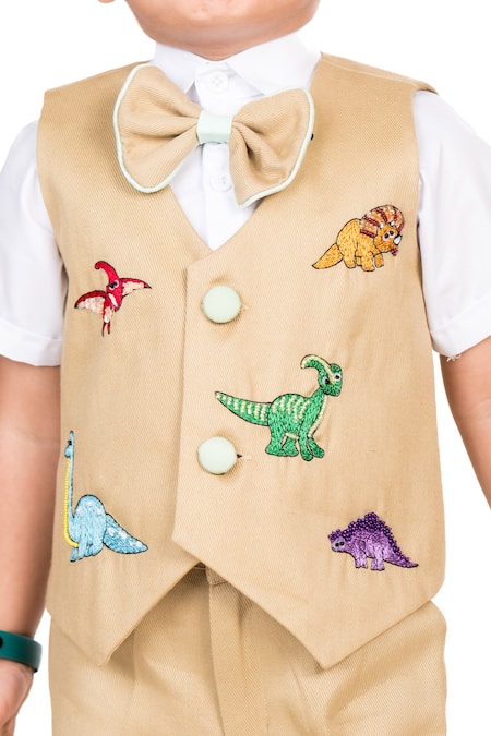 Toplove Beige Cotton Embroidery Dino Mite Waistcoat Pant Set Online at Aza Fashions Toplove_Beige Cotton Embroidery Dino Mite Waistcoat Pant Set _Online_at_Aza_Fashions