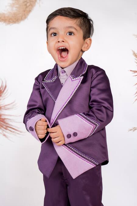 Toplove_Purple Satin, Cotton Cut Work Cutdana Embroidered Blazer Set _Online_at_Aza_Fashions