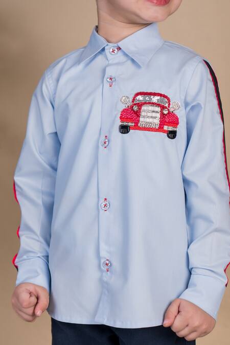 Toplove Blue Cotton Sequins, Crystals, Beads Hand Embroidered Car Motif Shirt Online at Aza Fashions Toplove_Blue Cotton Sequins, Crystals, Beads Hand Embroidered Car Motif Shirt _Online_at_Aza_Fashions