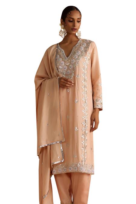 Buy OHH CROW Peach Silk, Cotton Gota Patti, Sequins, Embroidery Floral Motif Kurta Pant Set Buy_OHH CROW_Peach Silk, Cotton Gota Patti, Sequins, Embroidery Floral Motif Kurta Pant Set