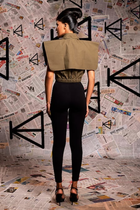 Shop_Echke_Green Cotton Collared Plain Overlap Panel Top _at_Aza_Fashions