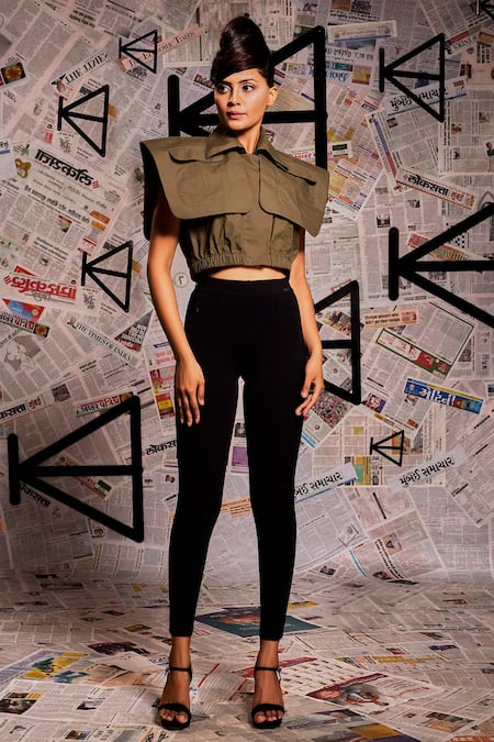 Echke_Green Cotton Collared Plain Overlap Panel Top _Online_at_Aza_Fashions