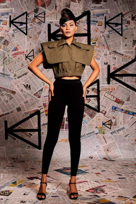 Buy_Echke_Green Cotton Collared Plain Overlap Panel Top _Online_at_Aza_Fashions