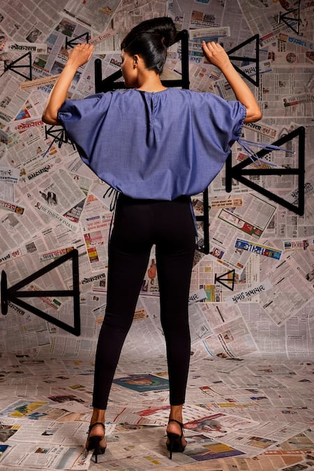 Shop_Echke_Blue Cotton Embroidery Round Neck Floral Applique Balloon Top _at_Aza_Fashions