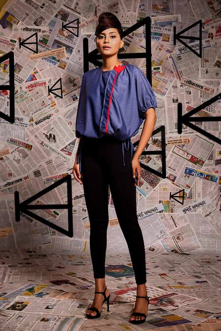 Echke_Blue Cotton Embroidery Round Neck Floral Applique Balloon Top _Online_at_Aza_Fashions