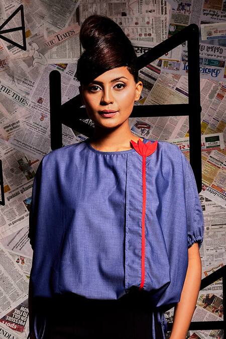 Buy_Echke_Blue Cotton Embroidery Round Neck Floral Applique Balloon Top _Online_at_Aza_Fashions