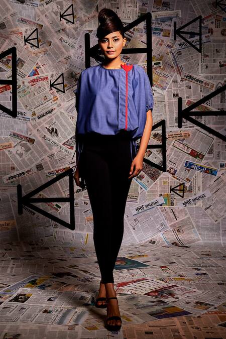 Shop_Echke_Blue Cotton Embroidery Round Neck Floral Applique Balloon Top _Online_at_Aza_Fashions