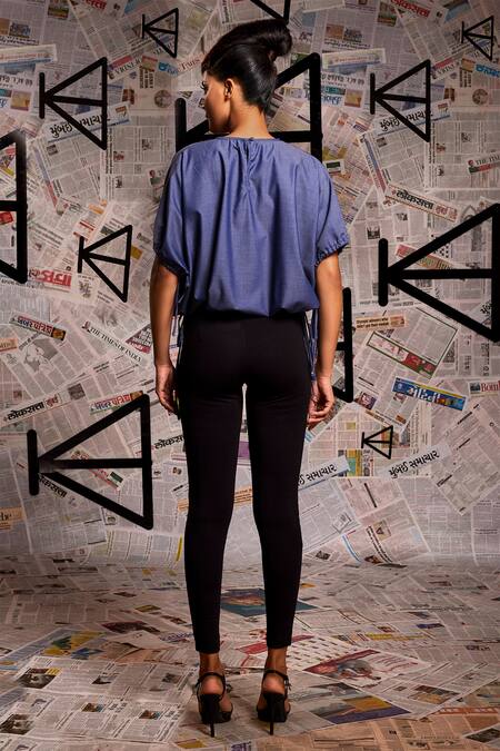 Echke_Blue Cotton Embroidery Round Neck Floral Applique Balloon Top _at_Aza_Fashions