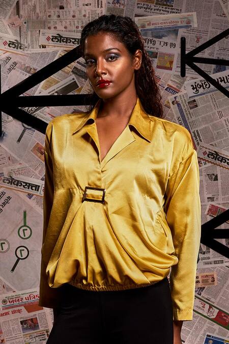 Echke_Yellow Satin Collared Plain Draped Top _Online_at_Aza_Fashions