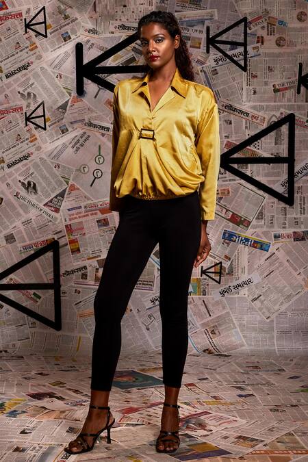 Buy_Echke_Yellow Satin Collared Plain Draped Top _Online_at_Aza_Fashions