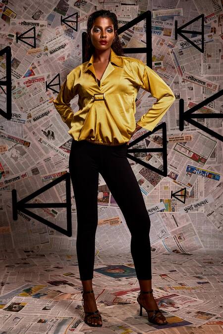 Shop_Echke_Yellow Satin Collared Plain Draped Top _Online_at_Aza_Fashions