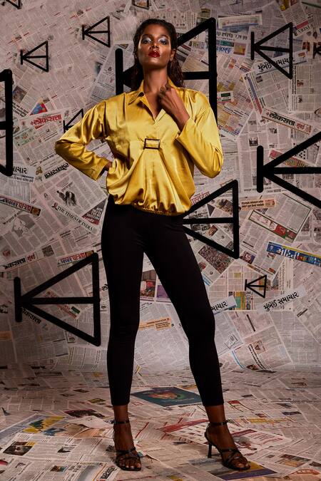 Echke_Yellow Satin Collared Plain Draped Top _at_Aza_Fashions