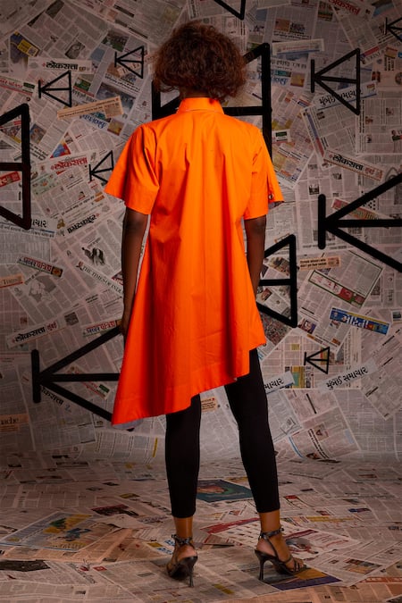 Shop_Echke_Orange Cotton Collared Overlap Panel Long Top _at_Aza_Fashions