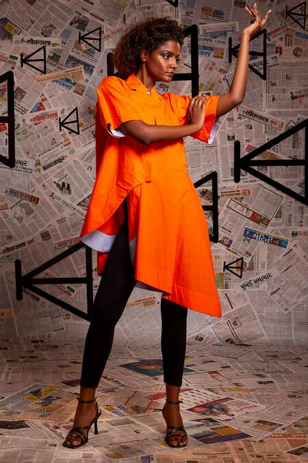 Echke_Orange Cotton Collared Overlap Panel Long Top _Online_at_Aza_Fashions