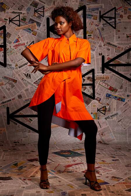 Buy_Echke_Orange Cotton Collared Overlap Panel Long Top _Online_at_Aza_Fashions