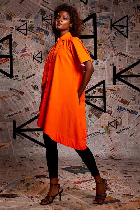 Shop_Echke_Orange Cotton Collared Overlap Panel Long Top _Online_at_Aza_Fashions
