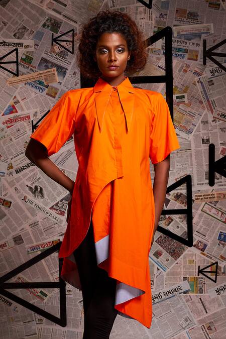 Echke_Orange Cotton Collared Overlap Panel Long Top _at_Aza_Fashions