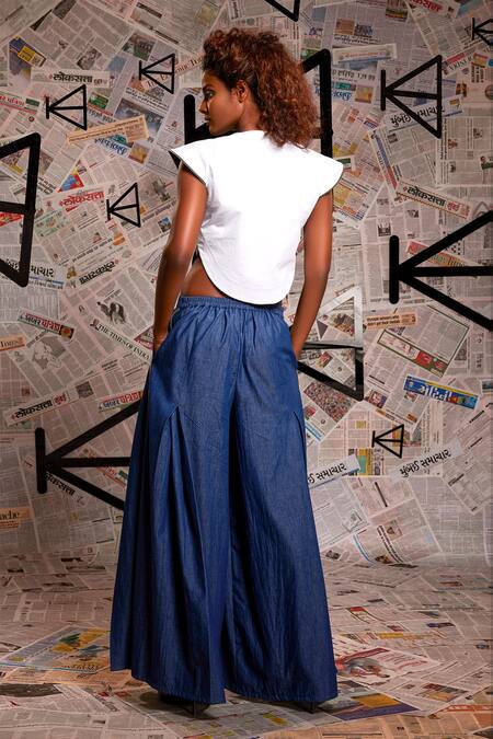 Shop_Echke_White Cotton, Denim Collared Curved Hem Crop Top With Box Pleat Pant _at_Aza_Fashions