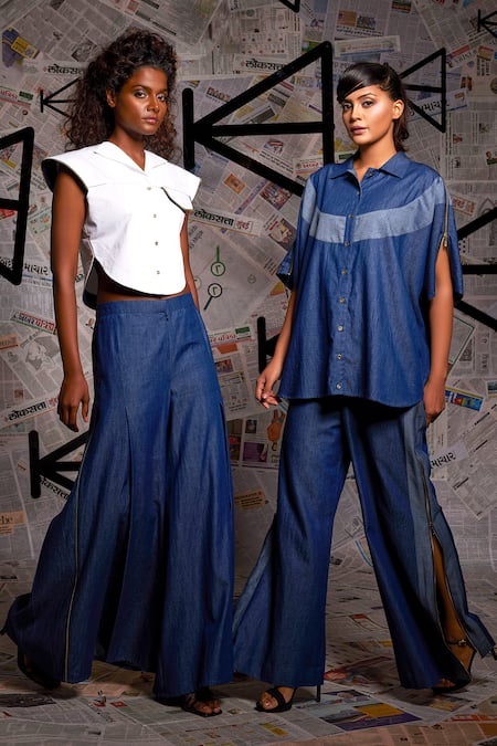 Shop_Echke_White Cotton, Denim Collared Curved Hem Crop Top With Box Pleat Pant _Online_at_Aza_Fashions