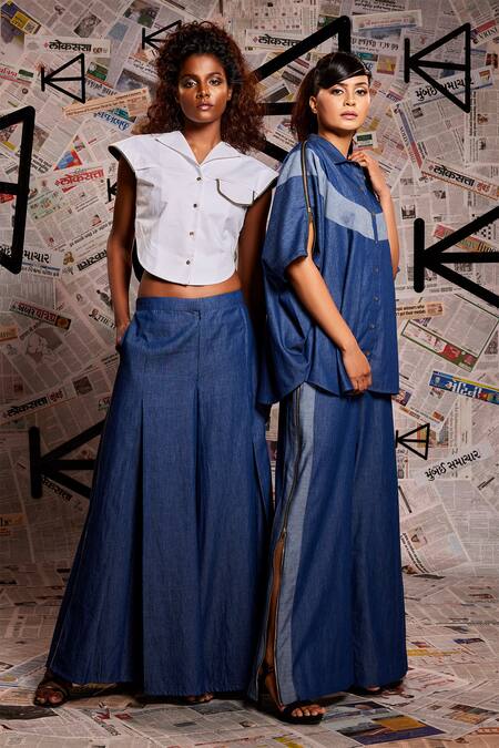 Echke_White Cotton, Denim Collared Curved Hem Crop Top With Box Pleat Pant _at_Aza_Fashions