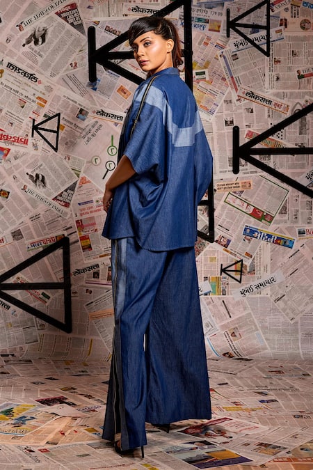 Shop_Echke_Blue Denim Patchwork Collared Panel Shirt With Pant _at_Aza_Fashions