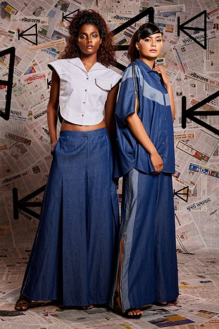 Buy_Echke_Blue Denim Patchwork Collared Panel Shirt With Pant _Online_at_Aza_Fashions