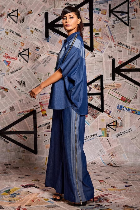 Echke_Blue Denim Patchwork Collared Panel Shirt With Pant _at_Aza_Fashions