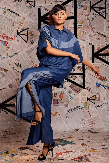 Buy_Echke_Blue Denim Patchwork Collared Panel Shirt With Pant 