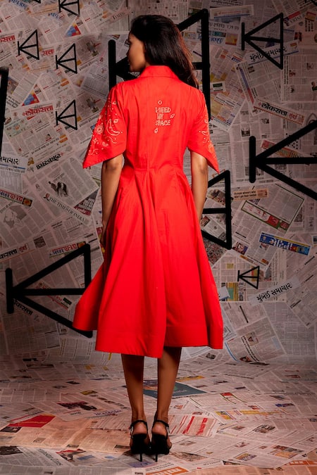 Shop_Echke_Orange Cotton Embroidery Collared Threadwork Star Pattern Dress _at_Aza_Fashions