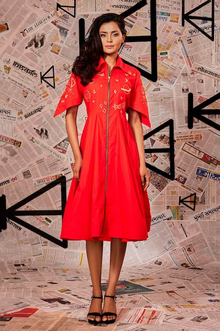 Buy_Echke_Orange Cotton Embroidery Collared Threadwork Star Pattern Dress _Online_at_Aza_Fashions